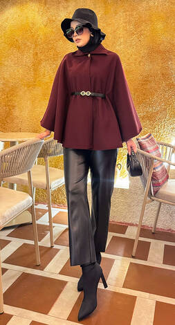 Seyyar Kemerli Düğme Detaylı Tesettür Kaşe Panço Bordo - Thumbnail