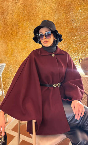 Seyyar Kemerli Düğme Detaylı Tesettür Kaşe Panço Bordo - Thumbnail