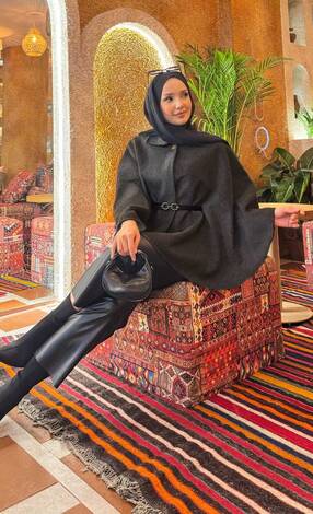 Seyyar Kemerli Düğme Detaylı Tesettür Kaşe Panço Füme - Thumbnail