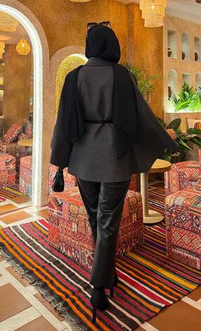 Seyyar Kemerli Düğme Detaylı Tesettür Kaşe Panço Füme - Thumbnail