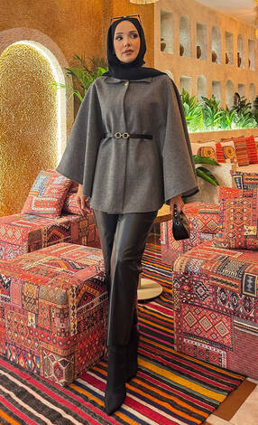 Seyyar Kemerli Düğme Detaylı Tesettür Kaşe Panço Gri - Thumbnail