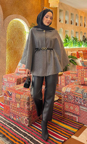 Seyyar Kemerli Düğme Detaylı Tesettür Kaşe Panço Gri - Thumbnail