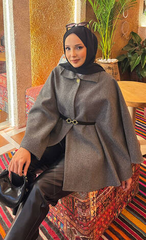 Seyyar Kemerli Düğme Detaylı Tesettür Kaşe Panço Gri - Thumbnail