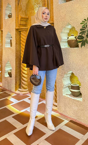 Seyyar Kemerli Düğme Detaylı Tesettür Kaşe Panço Kahve - Thumbnail