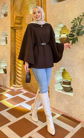 Seyyar Kemerli Düğme Detaylı Tesettür Kaşe Panço Kahve - Thumbnail