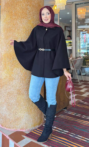 Seyyar Kemerli Düğme Detaylı Tesettür Kaşe Panço Siyah - Thumbnail