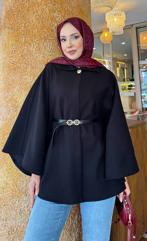 Seyyar Kemerli Düğme Detaylı Tesettür Kaşe Panço Siyah - Thumbnail