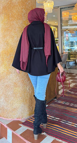 Seyyar Kemerli Düğme Detaylı Tesettür Kaşe Panço Siyah - Thumbnail