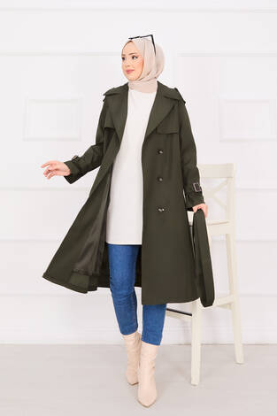 Seyyar Kuşaklı Düğme Detaylı Trenç Haki - Thumbnail