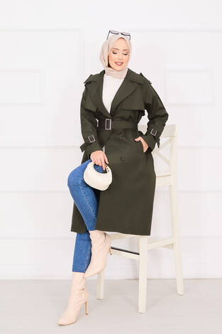 Seyyar Kuşaklı Düğme Detaylı Trenç Haki - Thumbnail
