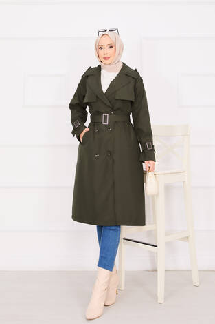 Seyyar Kuşaklı Düğme Detaylı Trenç Haki - Thumbnail