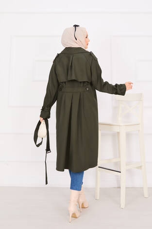 Seyyar Kuşaklı Düğme Detaylı Trenç Haki - Thumbnail