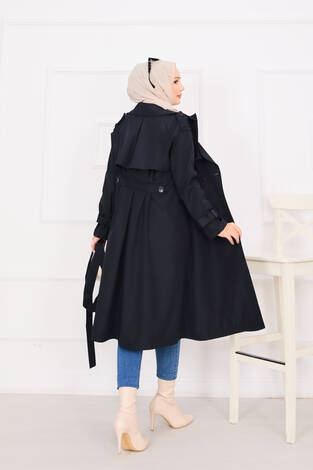 Seyyar Kuşaklı Düğme Detaylı Trenç Lacivert - Thumbnail