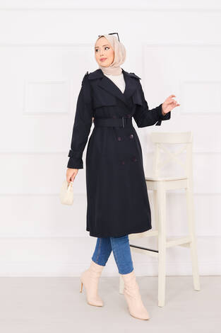 Seyyar Kuşaklı Düğme Detaylı Trenç Lacivert