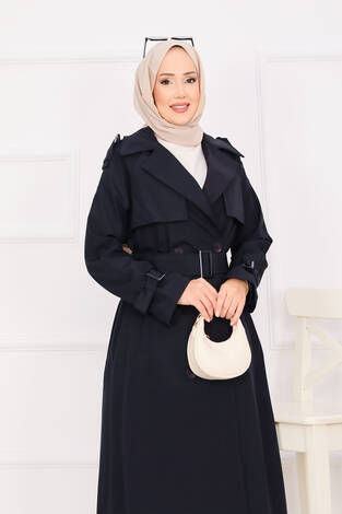 Seyyar Kuşaklı Düğme Detaylı Trenç Lacivert - Thumbnail