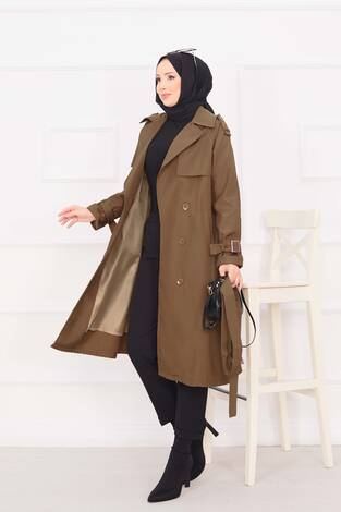 Seyyar Kuşaklı Düğme Detaylı Trenç Taba