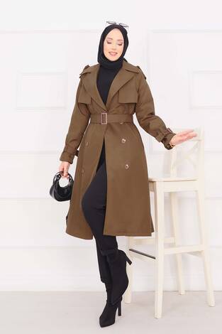 Seyyar Kuşaklı Düğme Detaylı Trenç Taba - Thumbnail