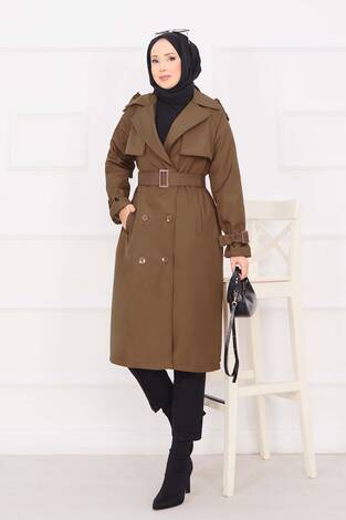 Seyyar Kuşaklı Düğme Detaylı Trenç Taba - Thumbnail