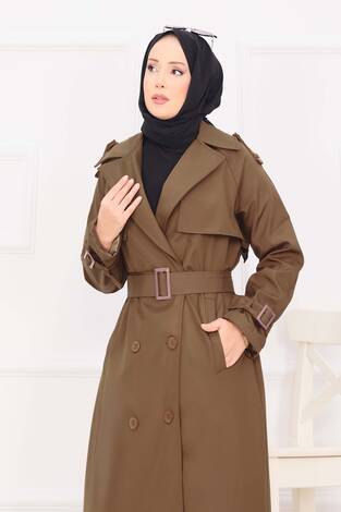 Seyyar Kuşaklı Düğme Detaylı Trenç Taba - Thumbnail