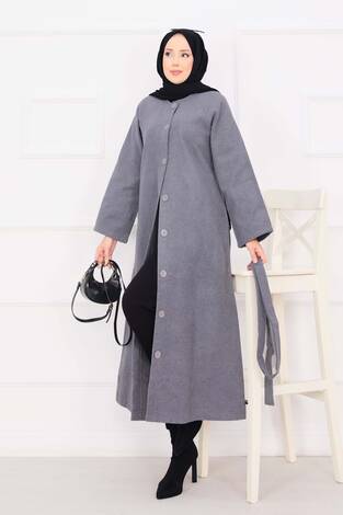 Seyyar Kuşaklı Düğmeli Kaşe Kaban Gri - Thumbnail