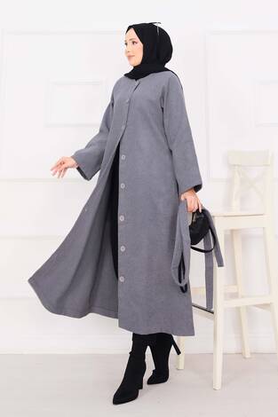 Seyyar Kuşaklı Düğmeli Kaşe Kaban Gri - Thumbnail