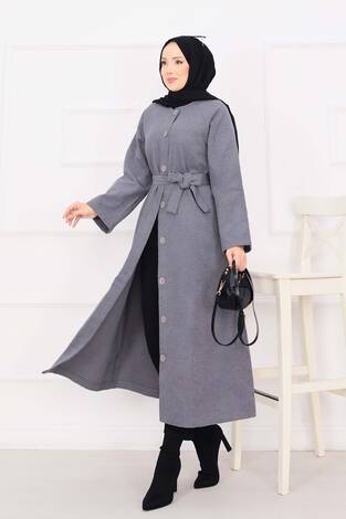 Seyyar Kuşaklı Düğmeli Kaşe Kaban Gri - Thumbnail
