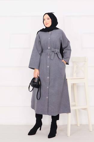 Seyyar Kuşaklı Düğmeli Kaşe Kaban Gri - Thumbnail