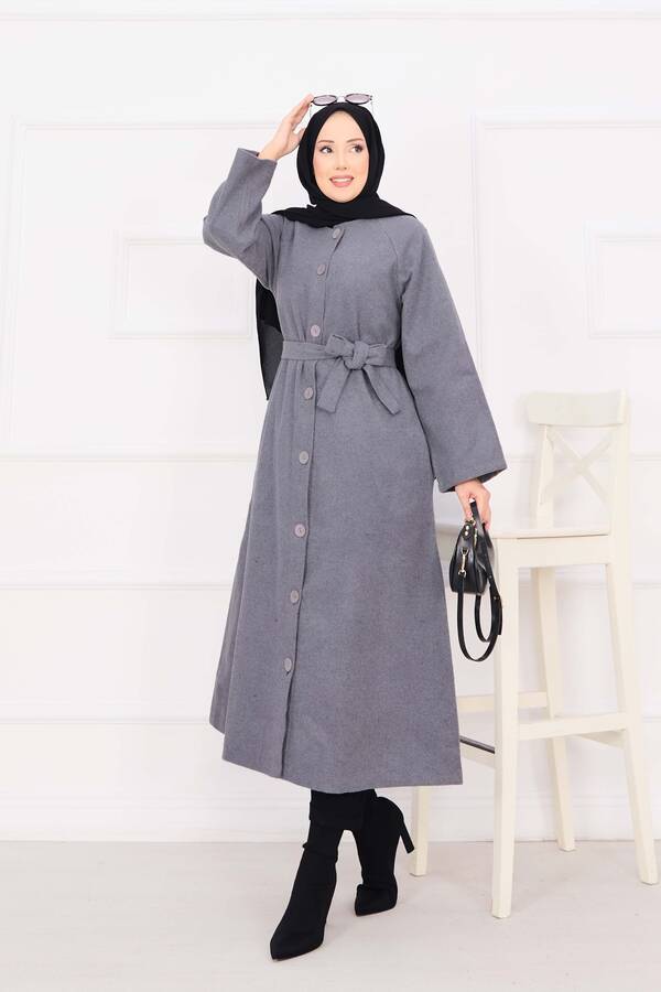 MD - Seyyar Kuşaklı Düğmeli Kaşe Kaban Gri