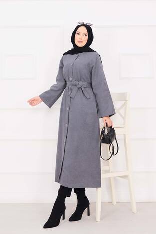 Seyyar Kuşaklı Düğmeli Kaşe Kaban Gri - Thumbnail