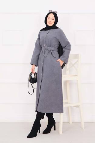 Seyyar Kuşaklı Düğmeli Kaşe Kaban Gri - Thumbnail