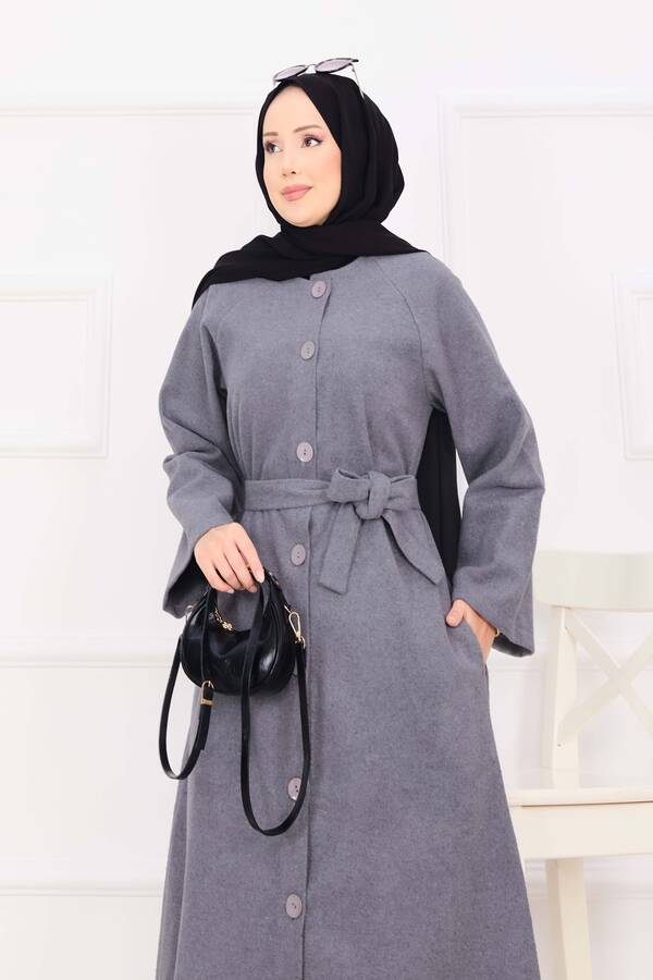 MD - Seyyar Kuşaklı Düğmeli Kaşe Kaban Gri (1)