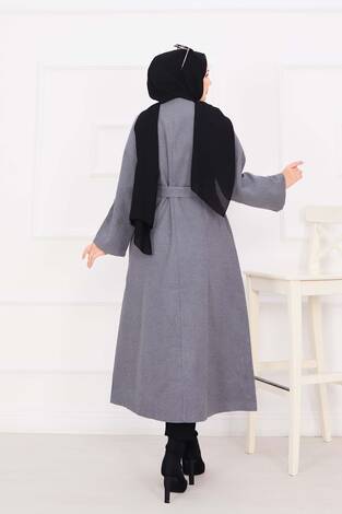 Seyyar Kuşaklı Düğmeli Kaşe Kaban Gri - Thumbnail