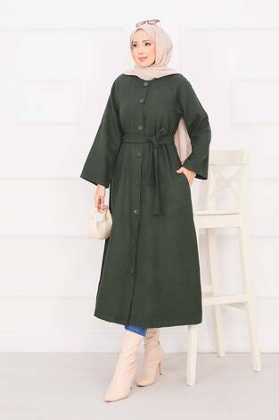 Seyyar Kuşaklı Düğmeli Kaşe Kaban Haki - Thumbnail