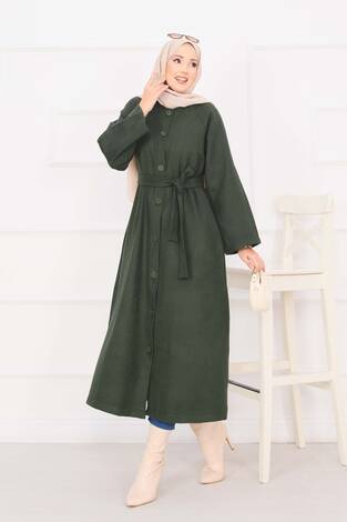 Seyyar Kuşaklı Düğmeli Kaşe Kaban Haki - Thumbnail