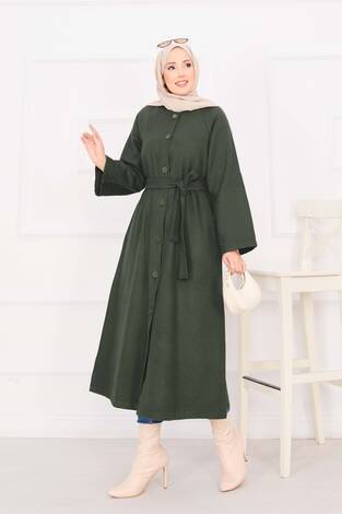 Seyyar Kuşaklı Düğmeli Kaşe Kaban Haki - Thumbnail