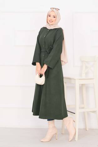 Seyyar Kuşaklı Düğmeli Kaşe Kaban Haki - Thumbnail