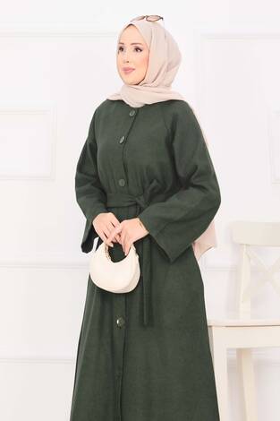 Seyyar Kuşaklı Düğmeli Kaşe Kaban Haki - Thumbnail