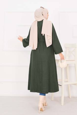 Seyyar Kuşaklı Düğmeli Kaşe Kaban Haki - Thumbnail