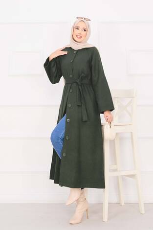 Seyyar Kuşaklı Düğmeli Kaşe Kaban Haki - Thumbnail