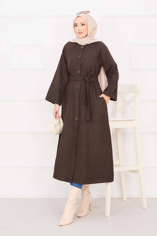 Seyyar Kuşaklı Düğmeli Kaşe Kaban Kahve