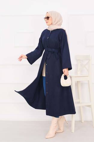 Seyyar Kuşaklı Düğmeli Kaşe Kaban Lacivert - Thumbnail