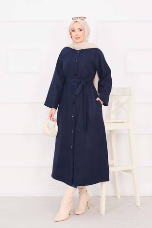 Seyyar Kuşaklı Düğmeli Kaşe Kaban Lacivert - Thumbnail