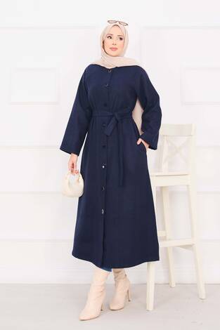 Seyyar Kuşaklı Düğmeli Kaşe Kaban Lacivert - Thumbnail