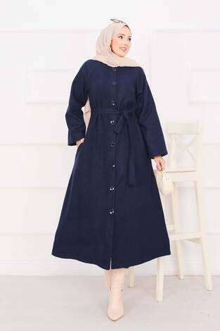 Seyyar Kuşaklı Düğmeli Kaşe Kaban Lacivert - Thumbnail