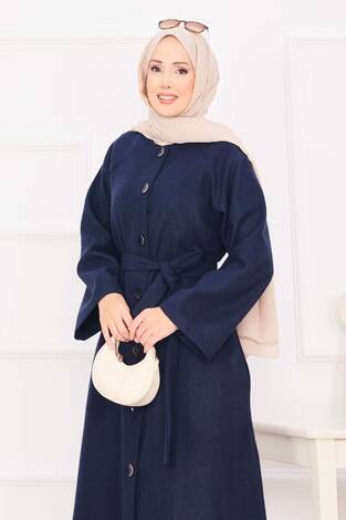 Seyyar Kuşaklı Düğmeli Kaşe Kaban Lacivert - Thumbnail