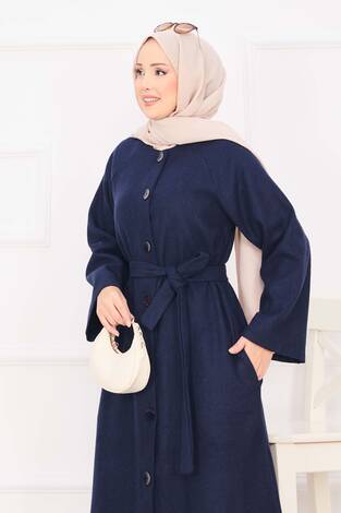 Seyyar Kuşaklı Düğmeli Kaşe Kaban Lacivert - Thumbnail