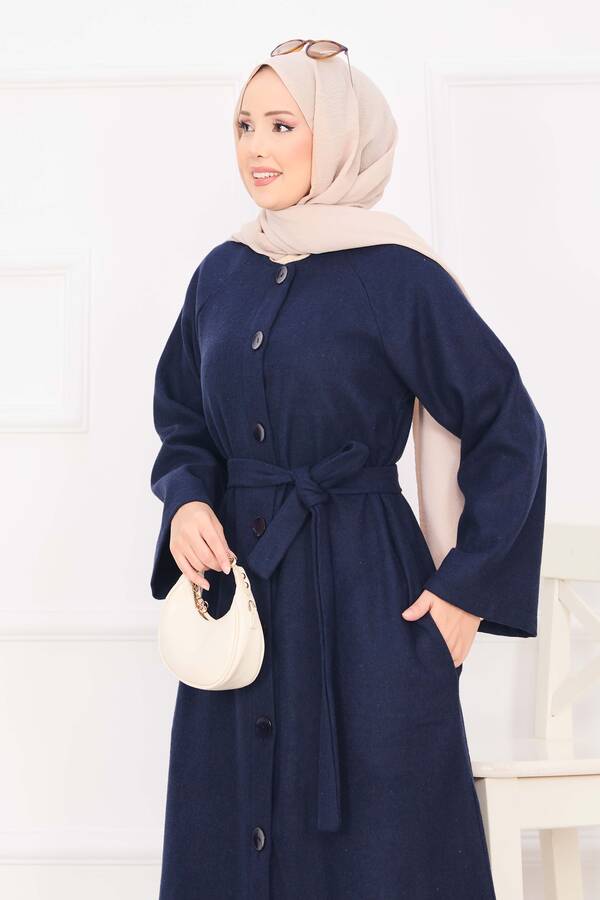 MD - Seyyar Kuşaklı Düğmeli Kaşe Kaban Lacivert (1)