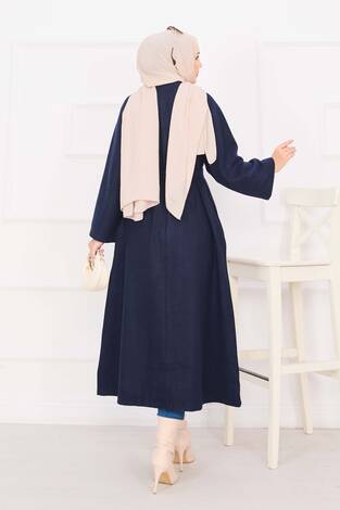 Seyyar Kuşaklı Düğmeli Kaşe Kaban Lacivert - Thumbnail