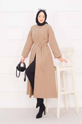 Seyyar Kuşaklı Düğmeli Kaşe Kaban Vizon