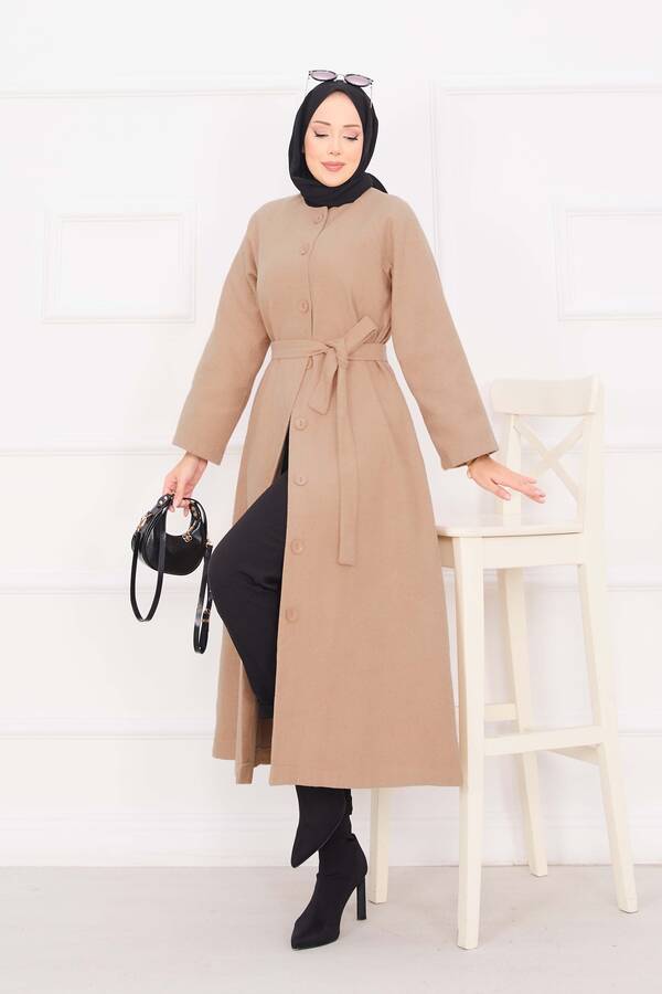 MD - Seyyar Kuşaklı Düğmeli Kaşe Kaban Vizon